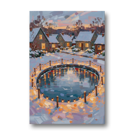 Frozen Pond Ringed with String Lights - Canvas Wall Art - Front