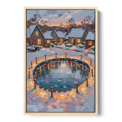 Frozen Pond Ringed with String Lights - Oak Framed Canvas Wall Art - Front