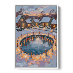 Frozen Pond Ringed with String Lights - White Framed Canvas Wall Art - Front