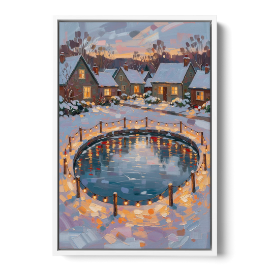 Frozen Pond Ringed with String Lights - White Framed Canvas Wall Art - Front