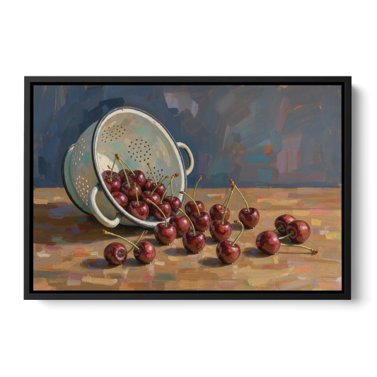 Fruit Still Life Painting with Spilled Cherries - Black Framed Canvas Wall Art - Front
