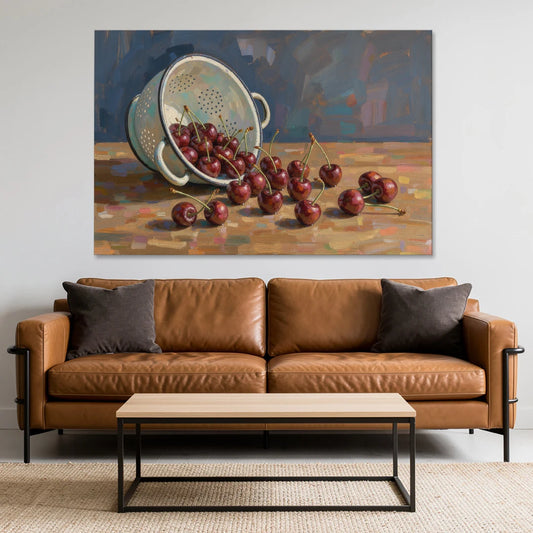 Fruit Still Life Painting with Spilled Cherries - Canvas Wall Art - Sofa - 60x40