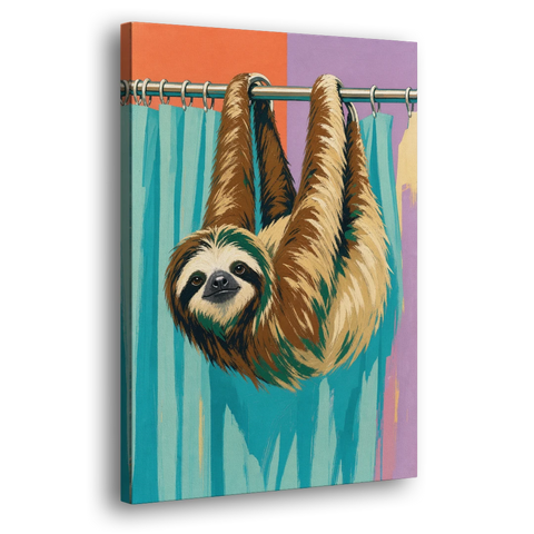 Fun Bathroom Wall Art with a Hanging Sloth - Canvas Wall Art - Side