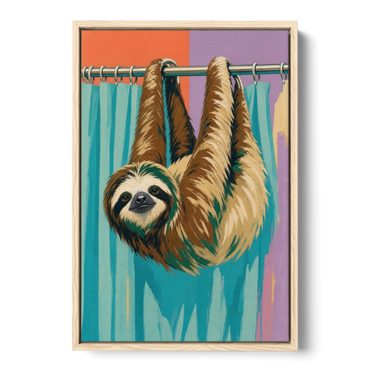 Fun Bathroom Wall Art with a Hanging Sloth - Oak Framed Canvas Wall Art - Front