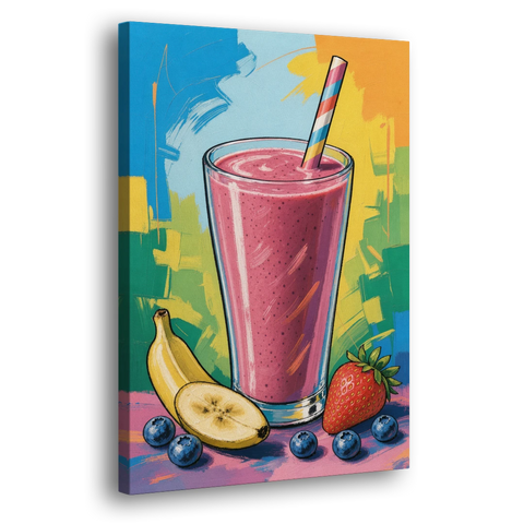 Fun Kitchen Art Berry Smoothie with Striped Straw - Canvas Wall Art - Side