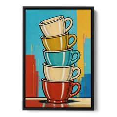 Fun Kitchen Wall Art Stacked Diner Mugs - Black Framed Canvas Wall Art - Front