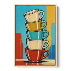Fun Kitchen Wall Art Stacked Diner Mugs - Oak Framed Canvas Wall Art - Front