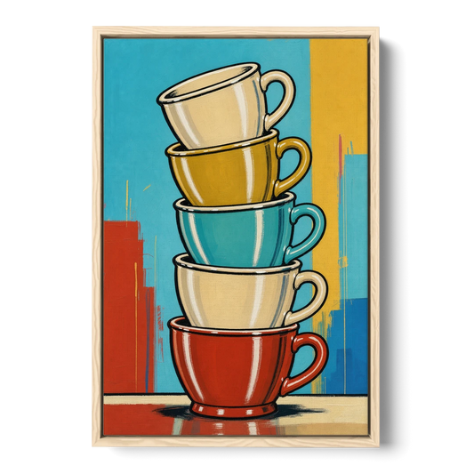 Fun Kitchen Wall Art Stacked Diner Mugs - Oak Framed Canvas Wall Art - Front