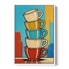 Fun Kitchen Wall Art Stacked Diner Mugs - White Framed Canvas Wall Art - Front