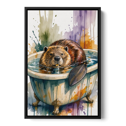 Funny Animal Bathroom Prints Beaver Tail on the Rim - Black Framed Canvas Wall Art - Front