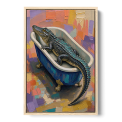 Funny Animal Bathroom Wall Art Alligator Outgrows the Tub - Oak Framed Canvas Wall Art - Front