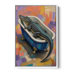 Funny Animal Bathroom Wall Art Alligator Outgrows the Tub - White Framed Canvas Wall Art - Front