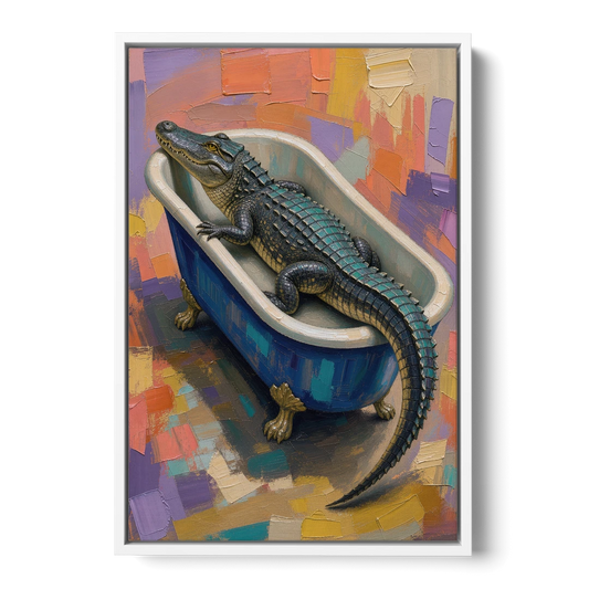 Funny Animal Bathroom Wall Art Alligator Outgrows the Tub - White Framed Canvas Wall Art - Front