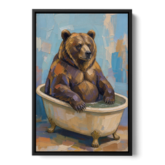 Funny Animal Canvas Art of a Bathing Bear - Black Framed Canvas Wall Art - Front