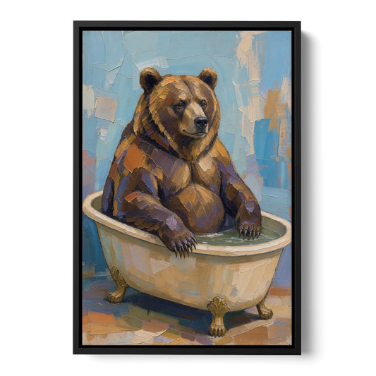 Funny Animal Canvas Art of a Bathing Bear - Black Framed Canvas Wall Art - Front
