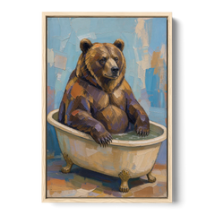 Funny Animal Canvas Art of a Bathing Bear - Oak Framed Canvas Wall Art - Front