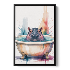 Funny Animal Paintings Hippo Up to Its Nose - Black Framed Canvas Wall Art - Front