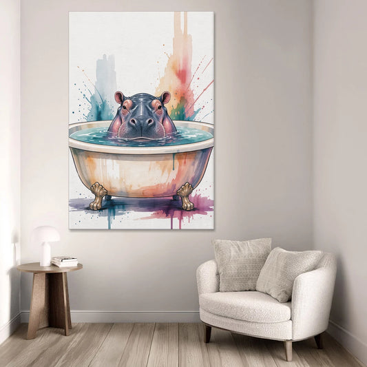 Funny Animal Paintings Hippo Up to Its Nose - Canvas Wall Art - Sofa - 40x60