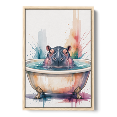 Funny Animal Paintings Hippo Up to Its Nose - Oak Framed Canvas Wall Art - Front