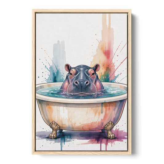 Funny Animal Paintings Hippo Up to Its Nose - Oak Framed Canvas Wall Art - Front