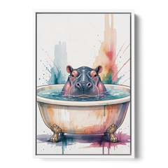 Funny Animal Paintings Hippo Up to Its Nose - White Framed Canvas Wall Art - Front
