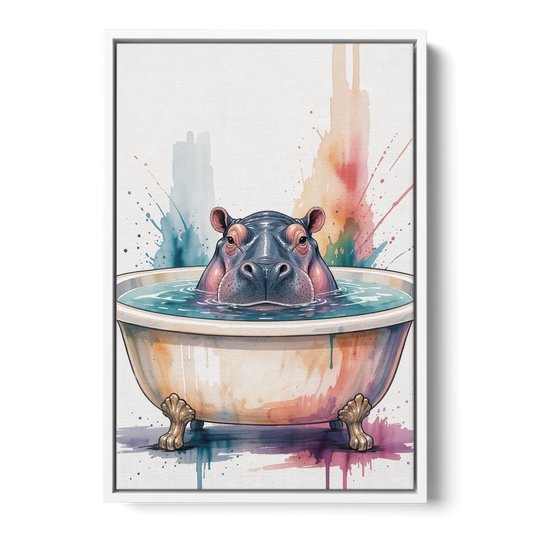 Funny Animal Paintings Hippo Up to Its Nose - White Framed Canvas Wall Art - Front