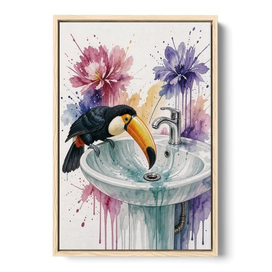 Funny Animal Wall Art Toucan Peers Down the Drain - Oak Framed Canvas Wall Art - Front