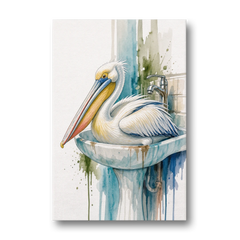 Funny Bathroom Animal Art Pelican Overflows the Sink - Canvas Wall Art - Front