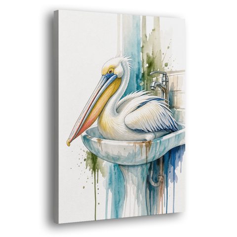 Funny Bathroom Animal Art Pelican Overflows the Sink - Canvas Wall Art - Side