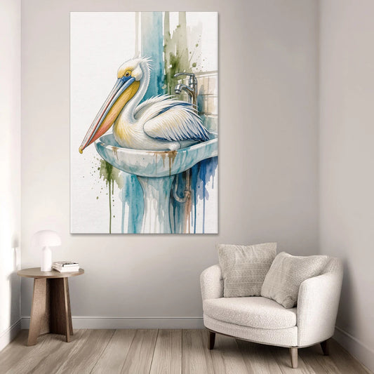 Funny Bathroom Animal Art Pelican Overflows the Sink - Canvas Wall Art - Sofa - 40x60