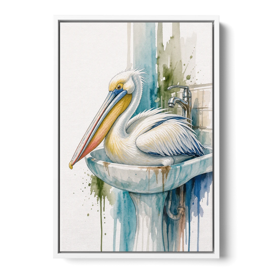 Funny Bathroom Animal Art Pelican Overflows the Sink - White Framed Canvas Wall Art - Front
