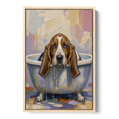 Funny Bathroom Canvas Art Basset Hound with Dripping Ears - Oak Framed Canvas Wall Art - Front