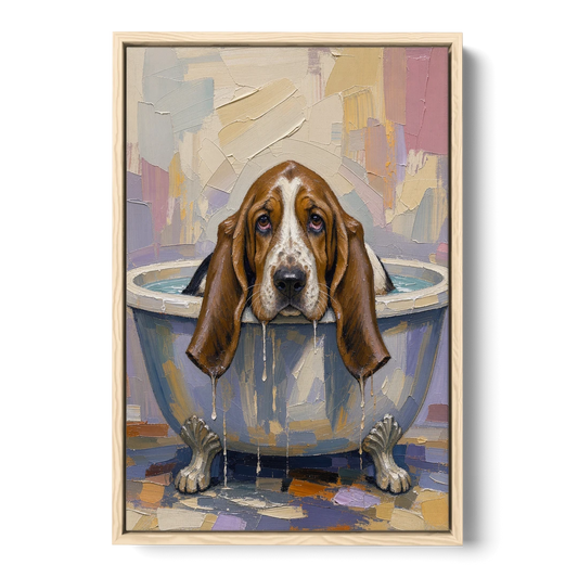 Funny Bathroom Canvas Art Basset Hound with Dripping Ears - Oak Framed Canvas Wall Art - Front