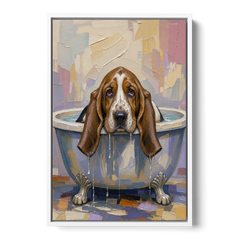 Funny Bathroom Canvas Art Basset Hound with Dripping Ears - White Framed Canvas Wall Art - Front