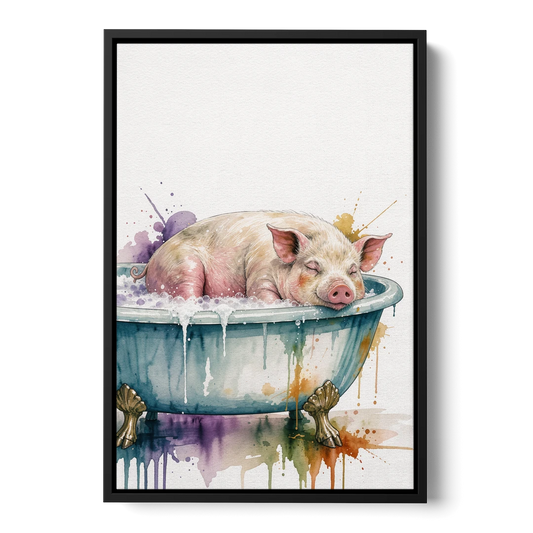 Funny Bathroom Decor Pig Asleep in the Tub - Black Framed Canvas Wall Art - Front