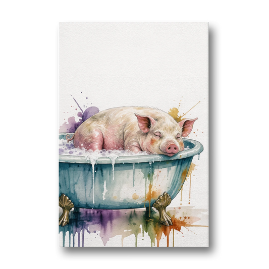 Funny Bathroom Decor Pig Asleep in the Tub - Canvas Wall Art - Front