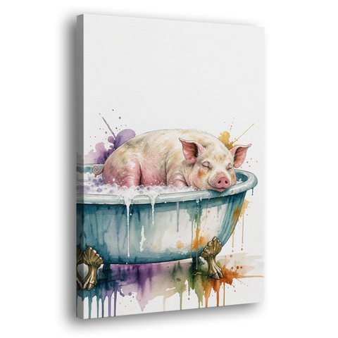 Funny Bathroom Decor Pig Asleep in the Tub - Canvas Wall Art - Side