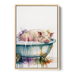 Funny Bathroom Decor Pig Asleep in the Tub - Oak Framed Canvas Wall Art - Front
