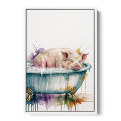 Funny Bathroom Decor Pig Asleep in the Tub - White Framed Canvas Wall Art - Front
