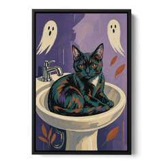 Funny Bathroom Prints Cat Claims the Sink - Black Framed Canvas Wall Art - Front