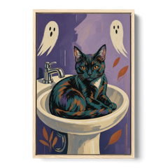 Funny Bathroom Prints Cat Claims the Sink - Oak Framed Canvas Wall Art - Front