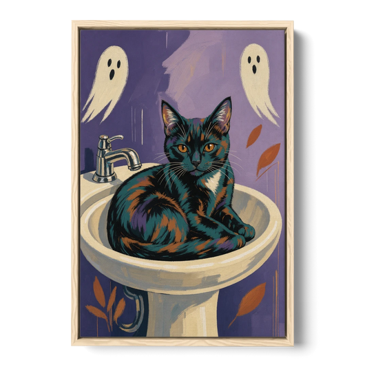 Funny Bathroom Prints Cat Claims the Sink - Oak Framed Canvas Wall Art - Front