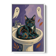 Funny Bathroom Prints Cat Claims the Sink - White Framed Canvas Wall Art - Front