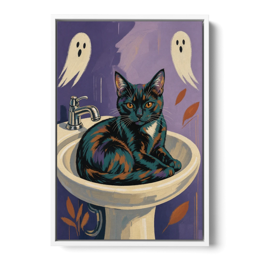 Funny Bathroom Prints Cat Claims the Sink - White Framed Canvas Wall Art - Front