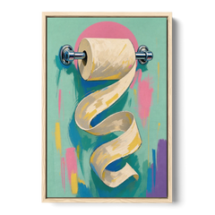 Funny Bathroom Wall Art of an Unspooling Toilet Roll - Oak Framed Canvas Wall Art - Front