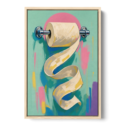 Funny Bathroom Wall Art of an Unspooling Toilet Roll - Oak Framed Canvas Wall Art - Front