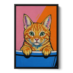 Funny Cat Bathroom Wall Art Peeking Over the Tub - Black Framed Canvas Wall Art - Front