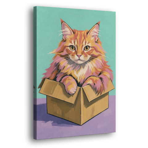 Funny Cat Wall Art Overflowing a Tiny Box - Canvas Wall Art - Side