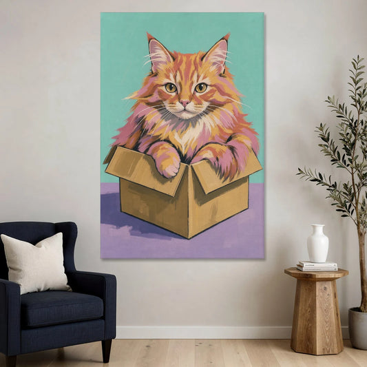 Funny Cat Wall Art Overflowing a Tiny Box - Canvas Wall Art - Sofa - 40x60