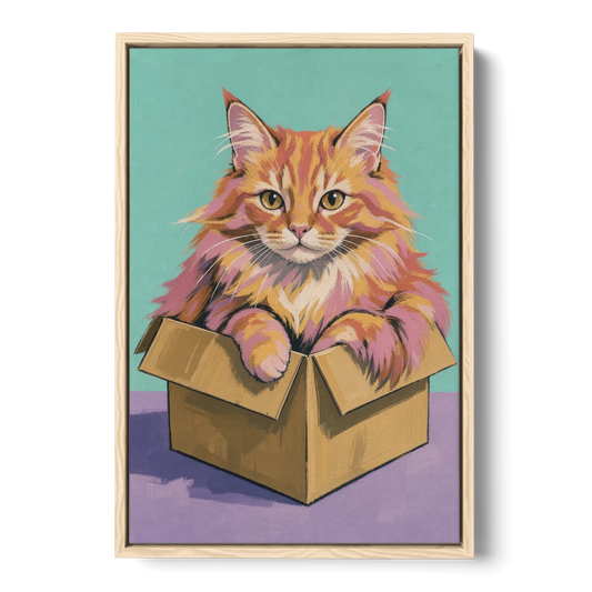 Funny Cat Wall Art Overflowing a Tiny Box - Oak Framed Canvas Wall Art - Front